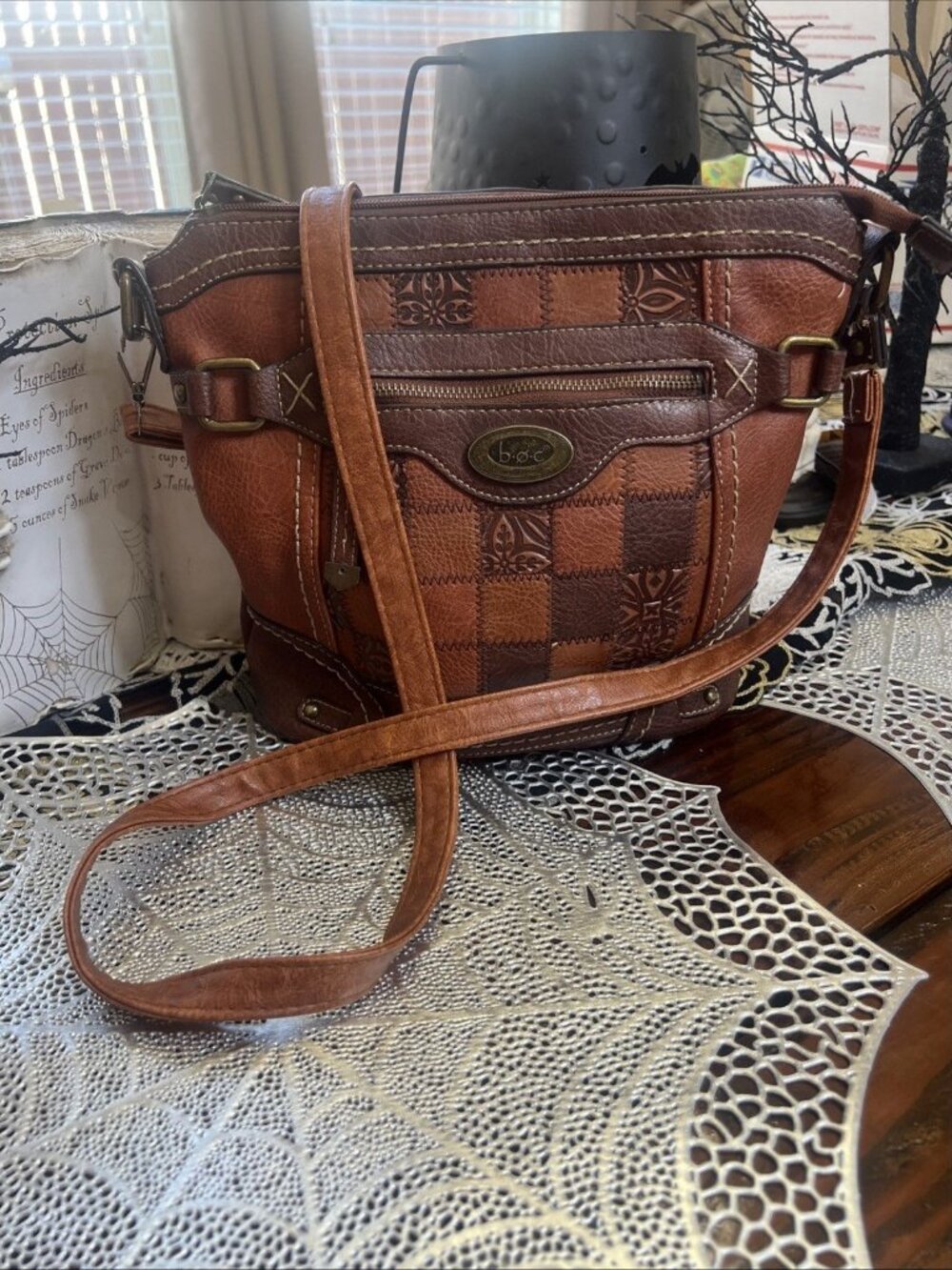 B.O.C Womens Crossbody Bag Brown Patchwork Faux Leather Multiple Compartments